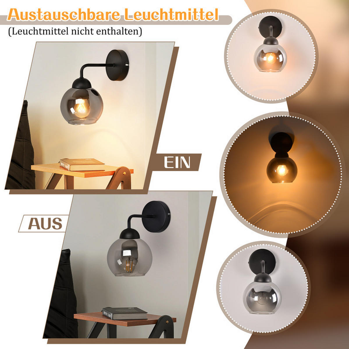 WANDLEUCHTE Inverter 22/13/13 cm - Schwarz, Glas (13/13/22cm) - ZMH