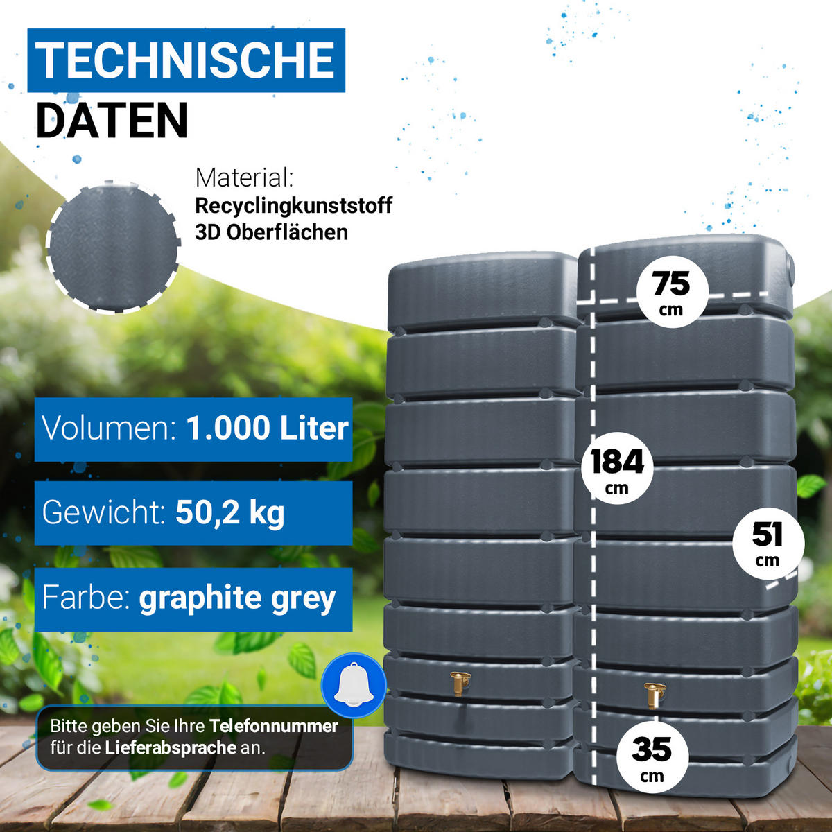 WANDTANK-SET 1000 L, graphite grey 2 x 500 L, inkl. Verbinder - Grau, Kunststoff (51/184/155cm) - 4rain