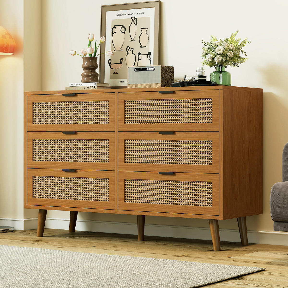 SIDEBOARD Nussbaum, 6 Schubladen, Rattanoptik, Metallgriffe - Kastanienfarben, Holz (120/76/40cm)