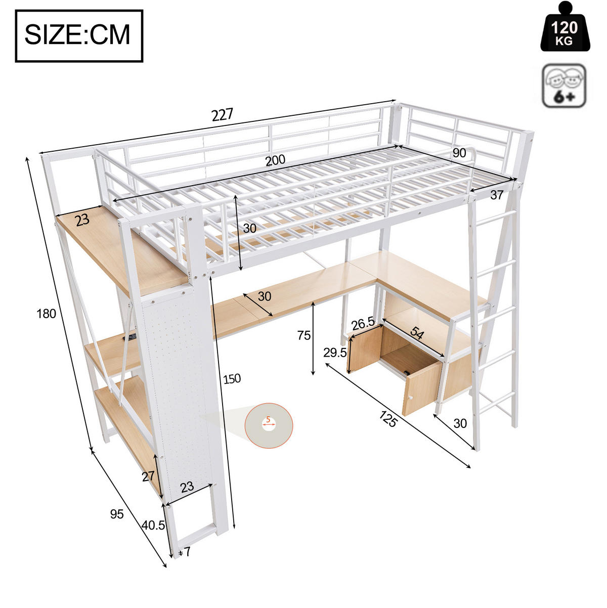 HOCHBETT 90/200 cm, Weiß, mit LED-Lichtleiste, Schreibtisch, ohne Matratze - Weiß, Metall (90/200cm) - MIVRAY