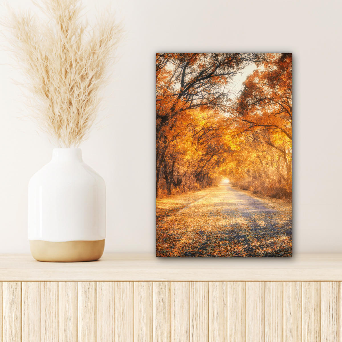 LEINWANDBILD Wald - Herbst - Bäume - Waldweg - Natur Deko Wohnzimmer 20x30 cm - Bernsteinfarben, Textil (20/30cm) - MuchoWow