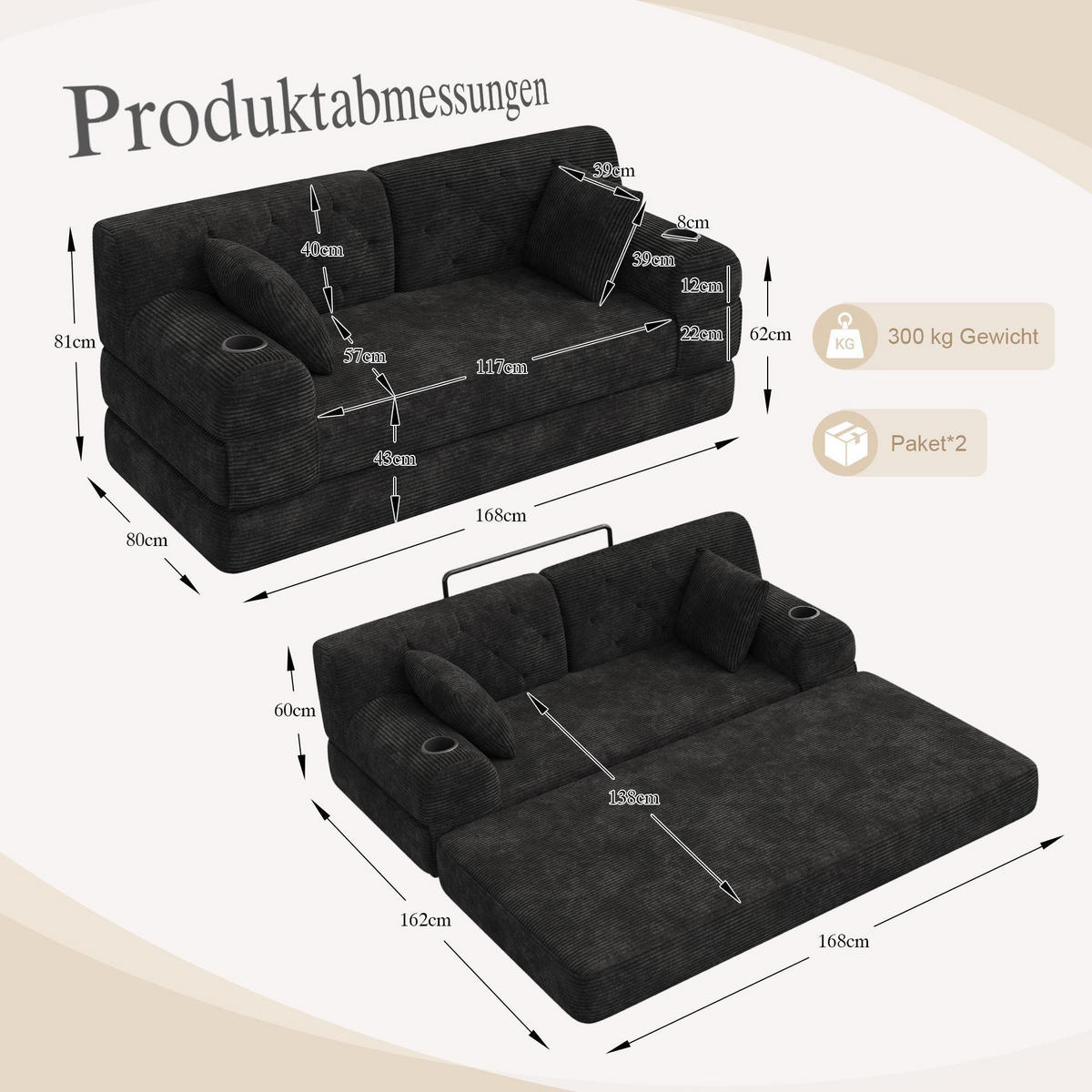2-SITZER-SOFA – Cord, Metallrahmen, Becherhalter, kompakt, Khaki - Cappuccino, Textil (80/81/168cm) - KOMHTOM