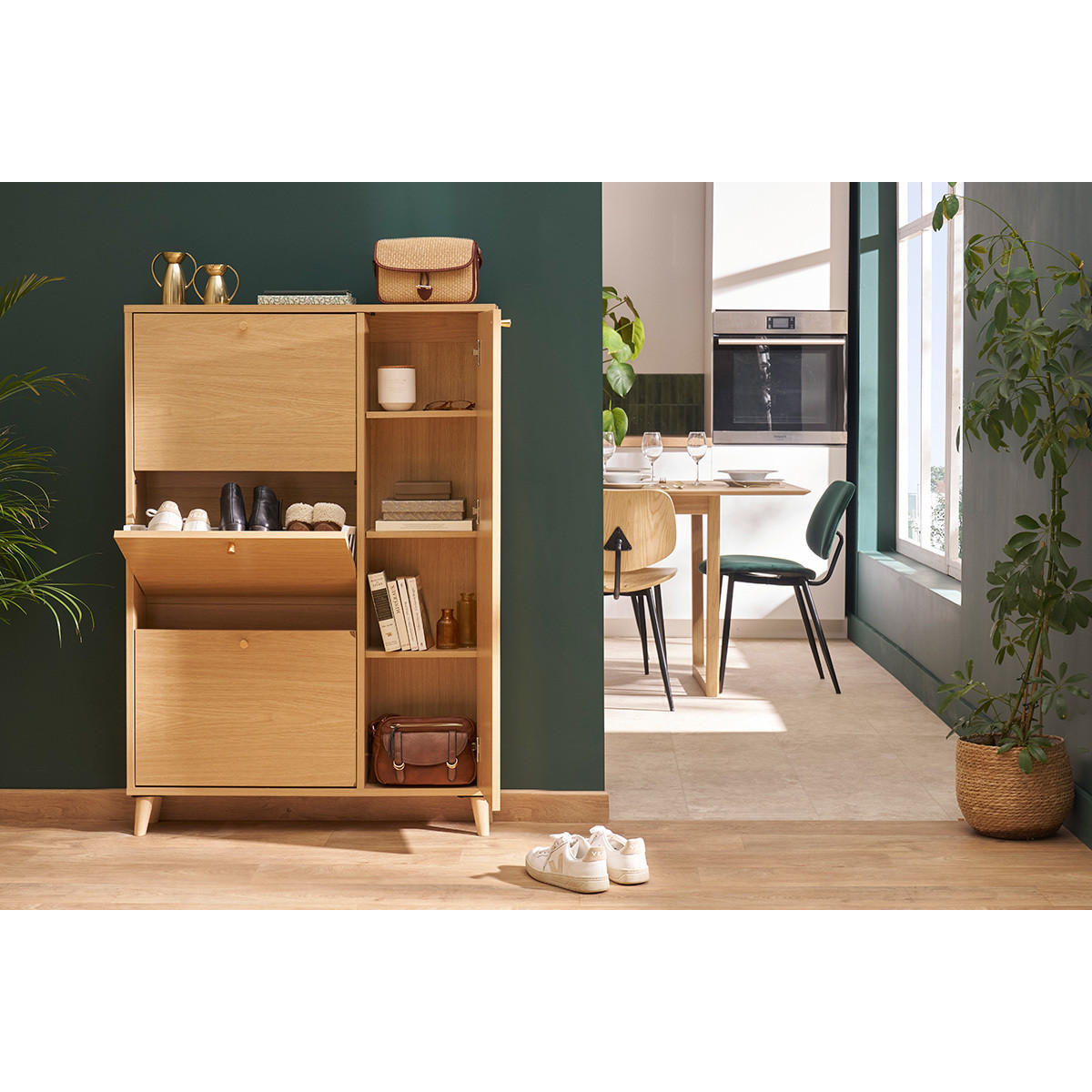 SCHUHSCHRANK Helles Holzdekor Eiche Goldenes Metall B90 cm SILVESTRE - Eiche Bianco, Holz (17/129.1/90cm) - Miliboo