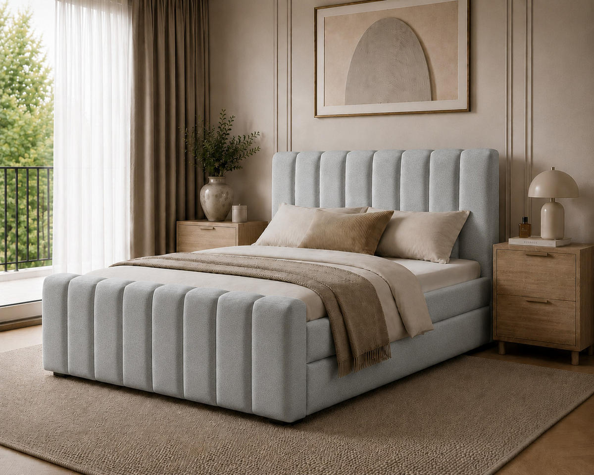 BOXBETT 01 BIS 160 x 200 cm - Vibe - Modernes Polsterbett mit Bettkasten inkl. PU-Schaum-Topper und Federmechanismus - Hellgrau, Holz (160/200cm) - ROYAL24_MARKT