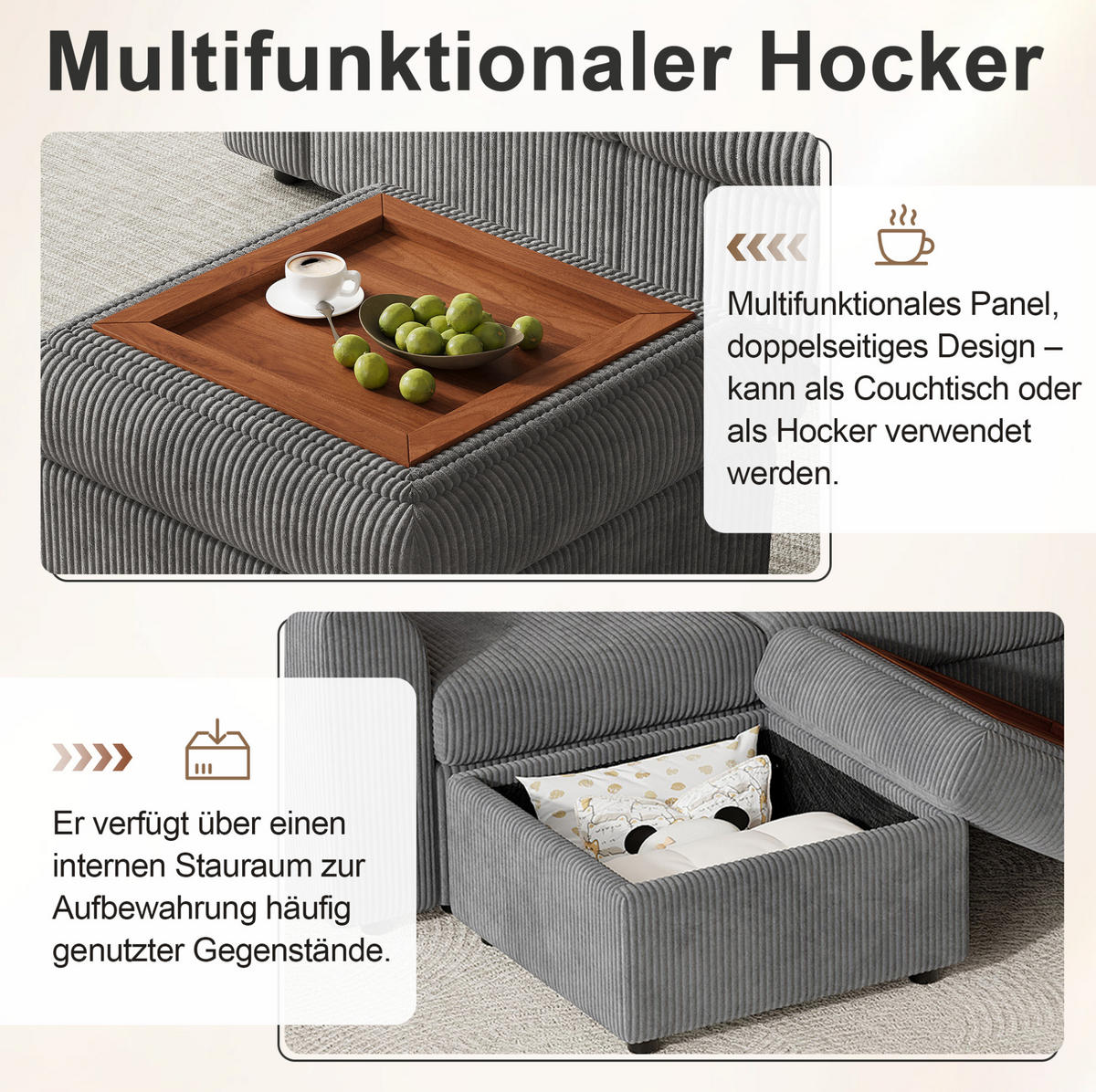 WOHNLANDSCHAFT aus cord 282x153x85 cm in Grau mit Stauraumhocker & Schlaffunktion - Grau, Textil (153/85/282cm) - Modfu