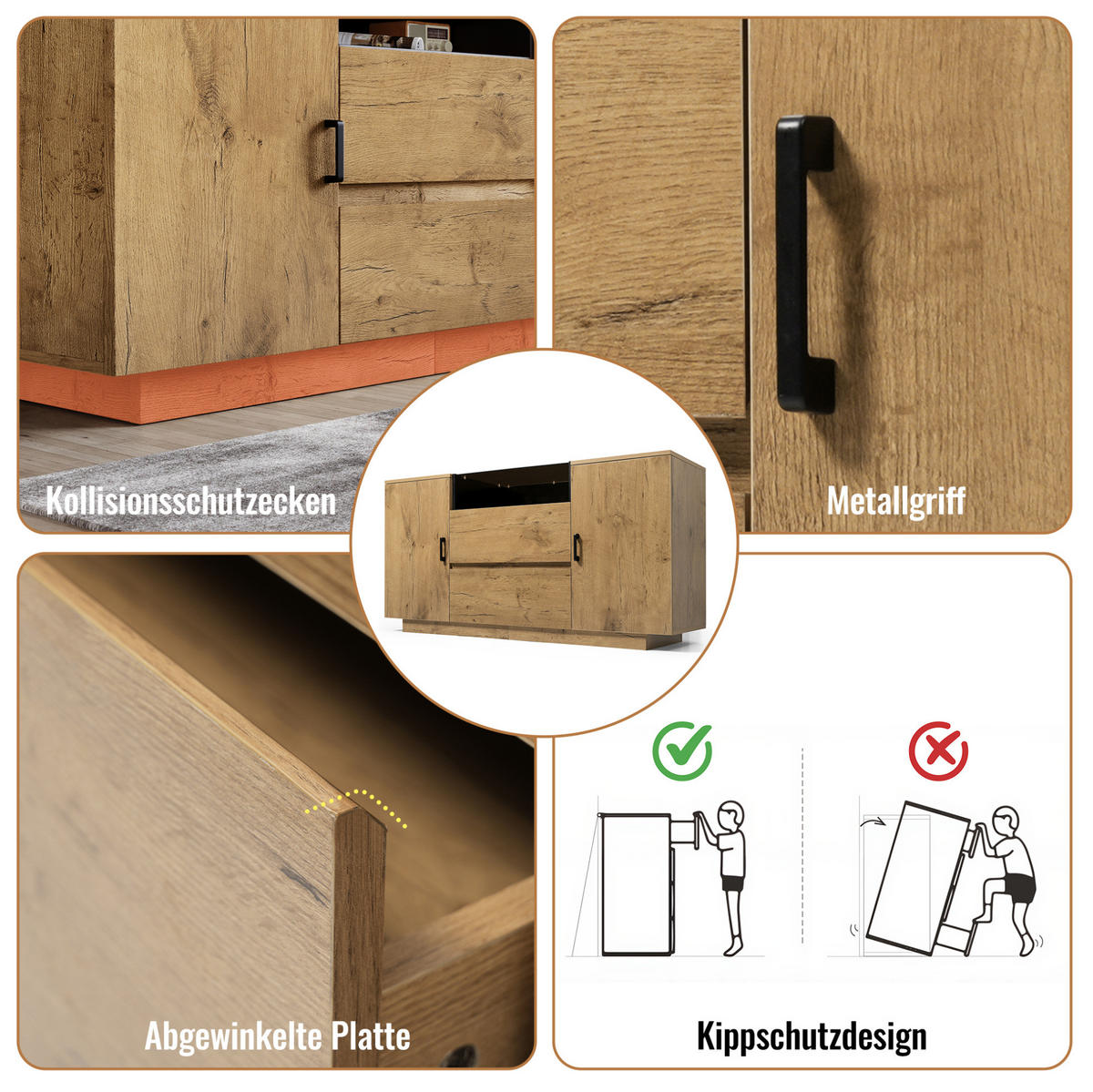 SIDEBOARD 140/40/70 cm Eiche aus Holzwerkstoff mit ESG-Glas und 2 Schubladen - Eichefarben, Glas (140/70/40cm) - OKWISH