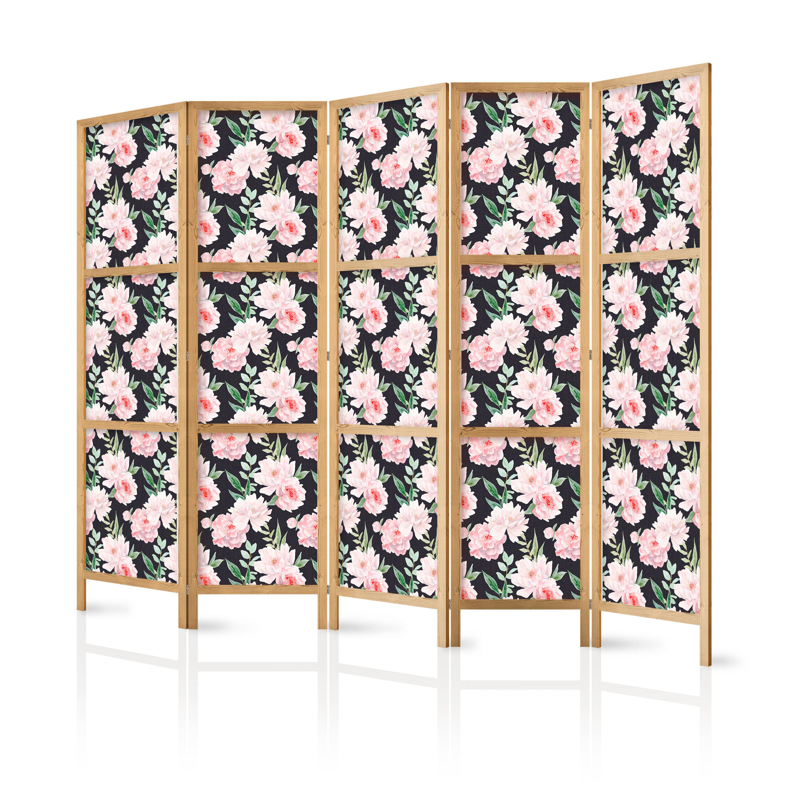 PARAVENT Japanischer 5-tlg 225x172 cm Pfingstrosen Natur - Rosa, Holz/Textil (225/172/3cm) - Muralo