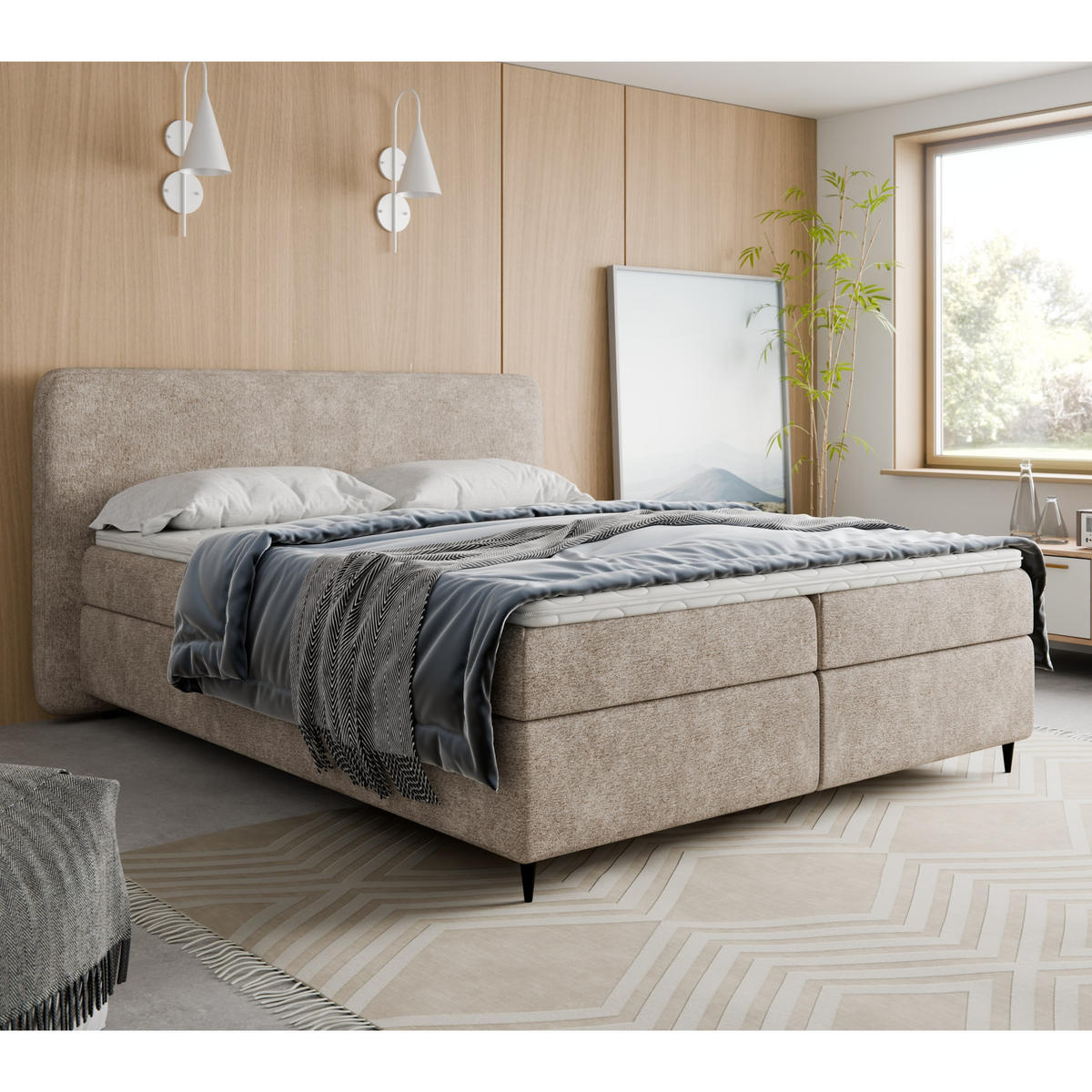 BOXSPRINGBETT BOHO II 160x200 cm, Cappuccino Bouclé, inkl. Topper & Bettkasten - Cappuccino, Textil (160/200cm) - Excellent Home