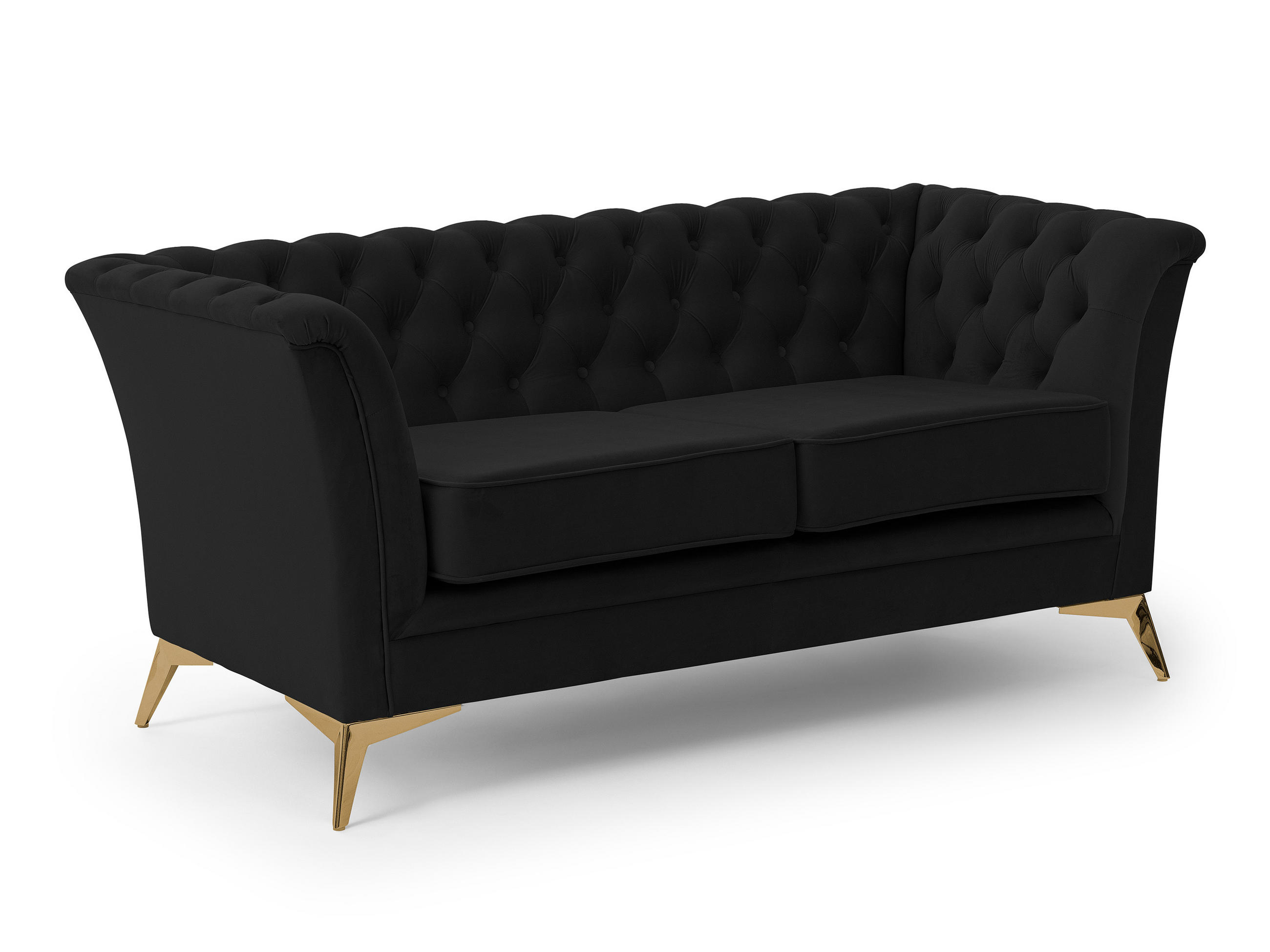 CHESTERFIELD-SOFA 2-sitzer Whitby Schwarz Samt mit goldenen Füßen - Goldfarben/Schwarz, Holz/Textil (175/78/82cm) - S-Style Möbel