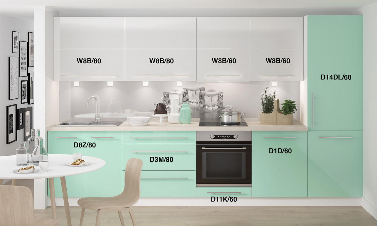 KÜCHENLEERBLOCK Brerra lichtgrün / reinweiß lackiert / weiß matt 9-teilig - Weiß/Grün, Holzwerkstoff (340/207/50cm) - Feldmann-Wohnen