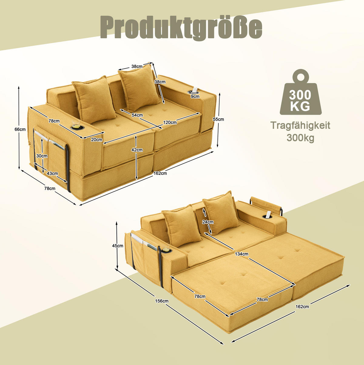 SOFA 2-Sitzer modular ca. 162 x 78 x 66 cm Chenille Mustard Yellow - Gelb, Holzwerkstoff (78/66/162cm) - Meubliv