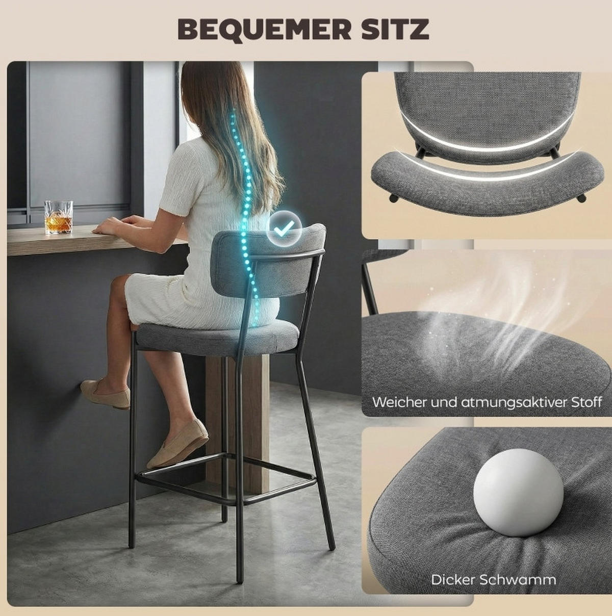 BARHOCKER 2er-Set mit Rückenlehne 49 x 53 x 93 cm Polyester Gray - Grau, Metall (49/93/53cm) - Meubliv