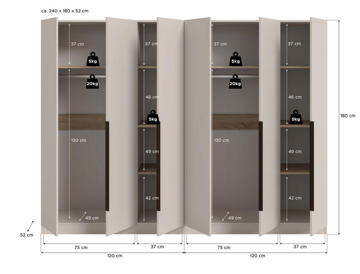 KLEIDERSCHRANKKOMBINATION KOPENHAGEN (B/H/T: ca. 240/181/52 cm) in Kaschmir/Kaschmir - Kaschmir, Holz (240/181/52cm)