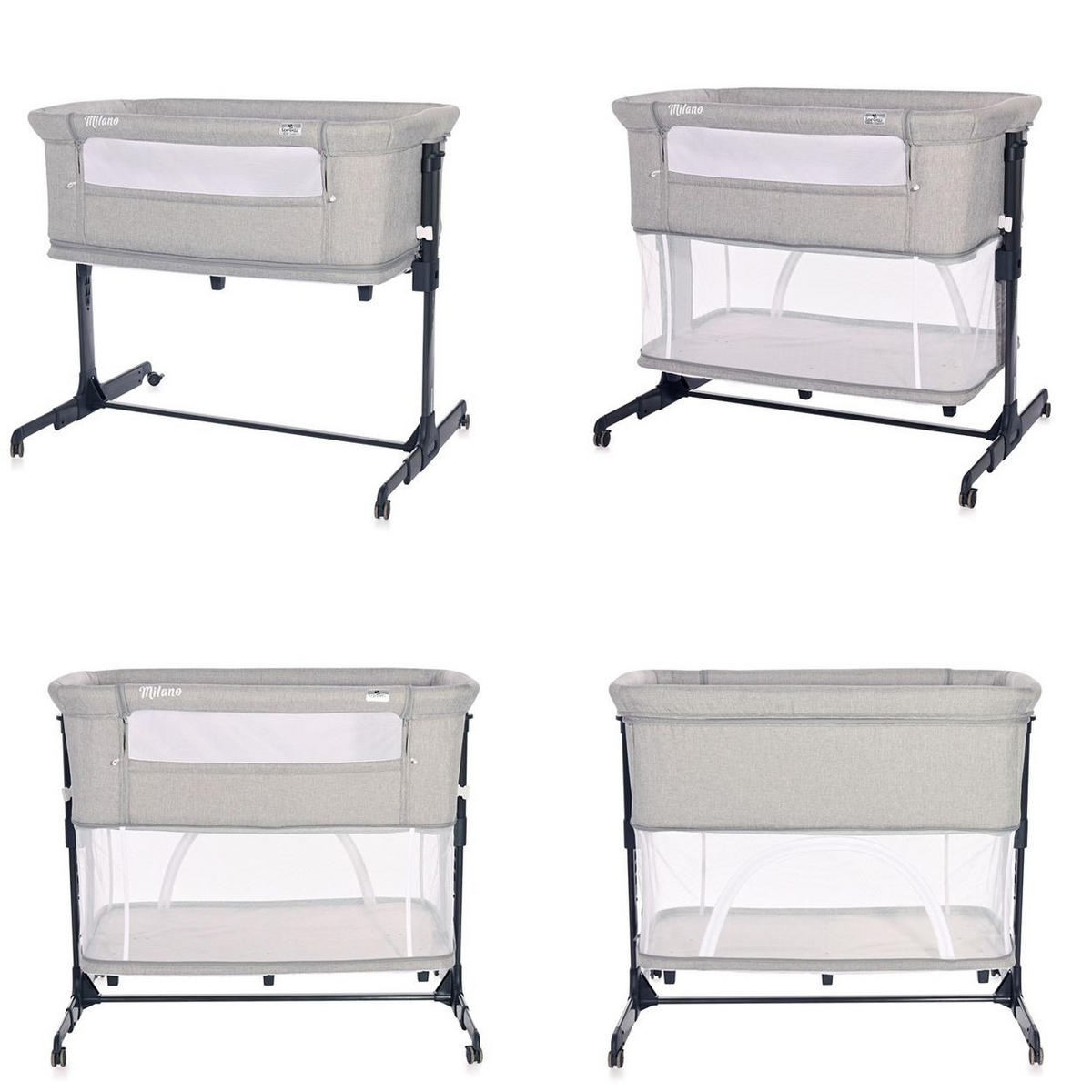 BEISTELLBETT Milano 2 in 1 grau 88 x 50 cm, Matratze, Laufstall, Moskitonetz, 5-fach verstellbar - Grau, Metall (50/88cm) - Lorelli
