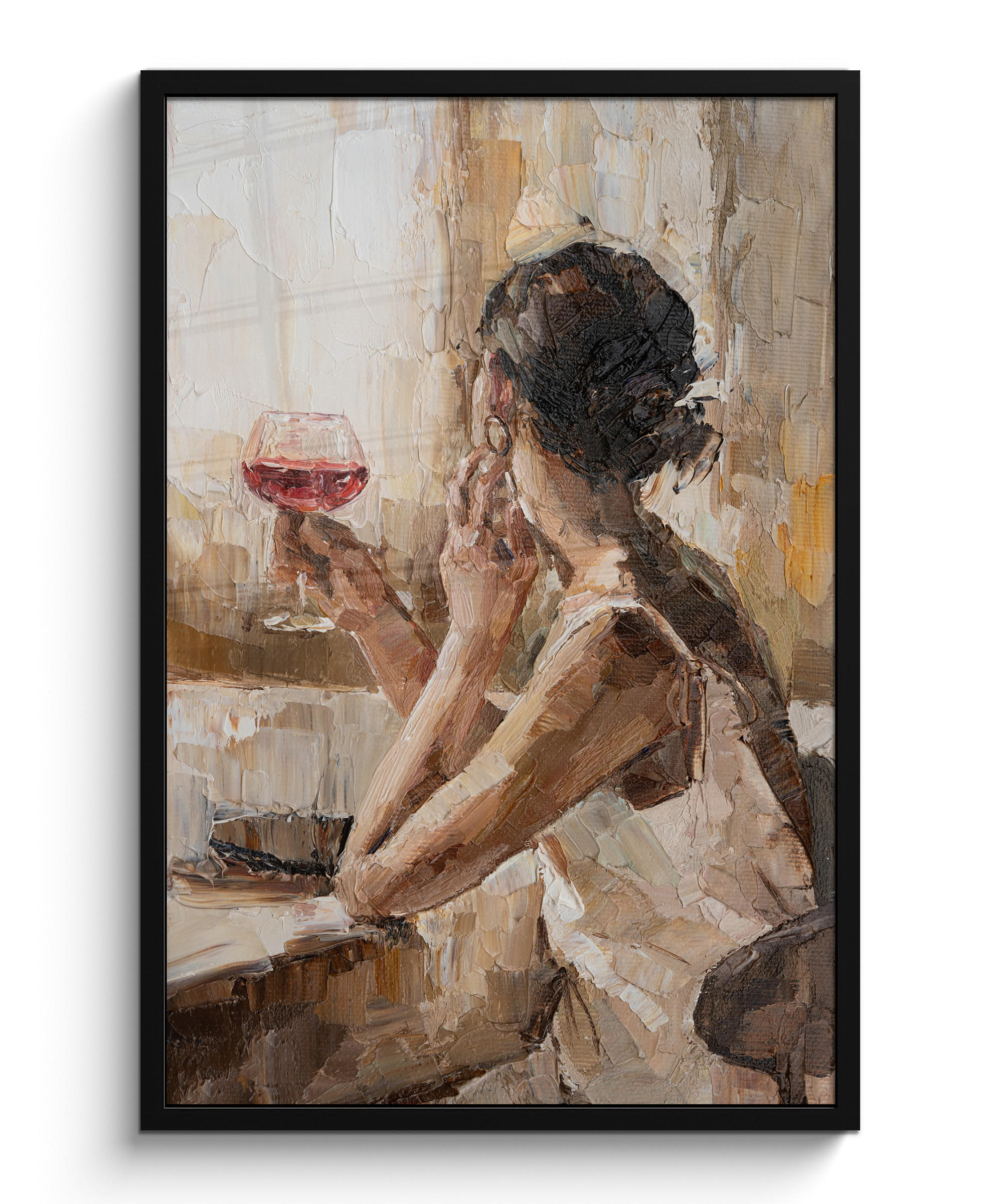 POSTER MIT RAHMENGERAHMTES BILD - Ölgemälde - Frau - Wein - 60x90 cm - Hellbraun, Papier (60/90cm) - MuchoWow