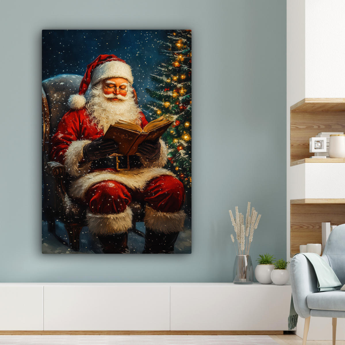 LEINWANDBILD Weihnachtsmann - Weihnachten - Winter - Weihnachtsbaum 80x120 cm - Bordeaux, Textil (80/120cm) - MuchoWow