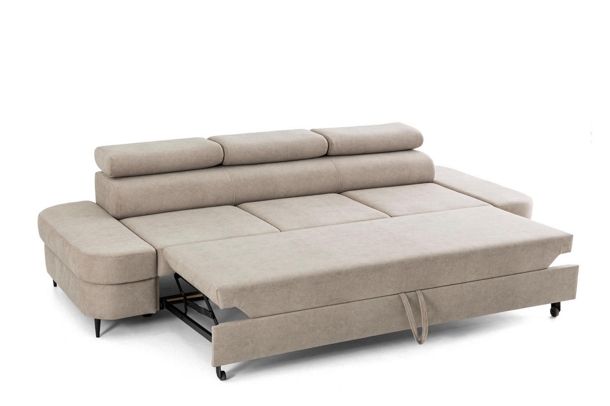 3-SITZER Sofa PRIAM mit Schlaffunktion 125x317 Velours Creme - Creme/Schwarz, Holz/Textil (278/95/102cm) - Muffo