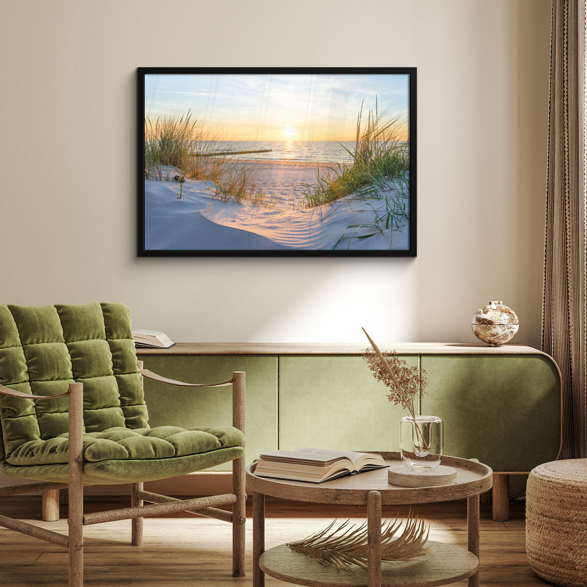 POSTER MIT RAHMENGERAHMTES BILD - Strand - Sonne - Düne - Gras - Sand - Horizont - 90x60 cm - Hellblau, Papier (90/60cm) - MuchoWow