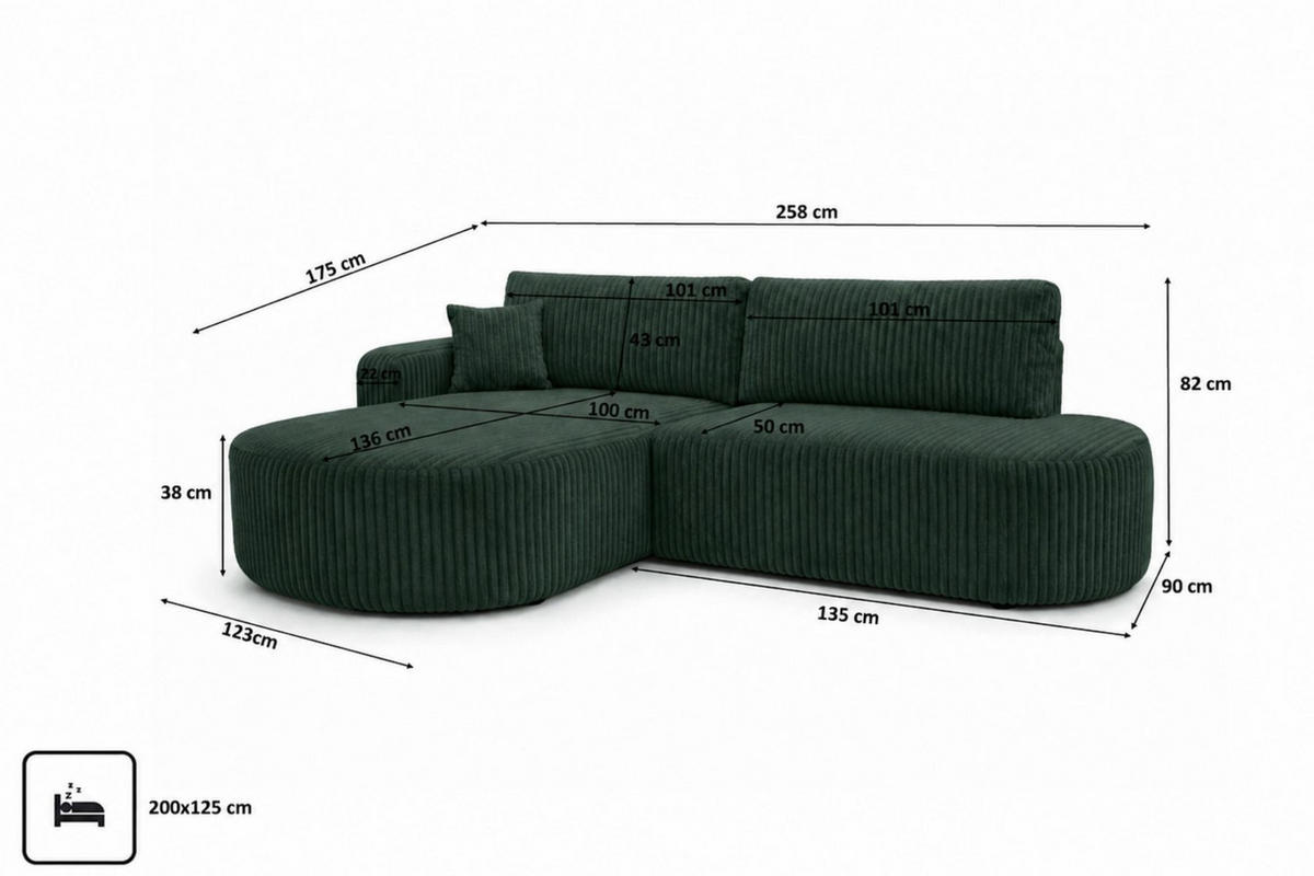 ROHOVÁ SEDAČKA s funkcí spaní a úložným prostorem, manšestrová tkanina Tilia, Zelená, Levá strana, ROUND ONE OPEN XL - zelená barva, dřevo (258/175cm) - Kaiser Möbel