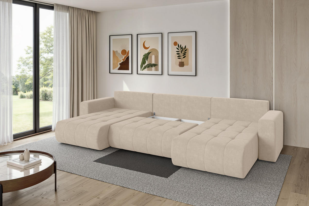 SEDACÍ SOUPRAVA DO U s funkcí spaní a úložným prostorem MILA-U 378x194x86 béžová velur - černá/Sahara, kompozitní dřevo/textil (378/86/194cm) - ALTDECOR