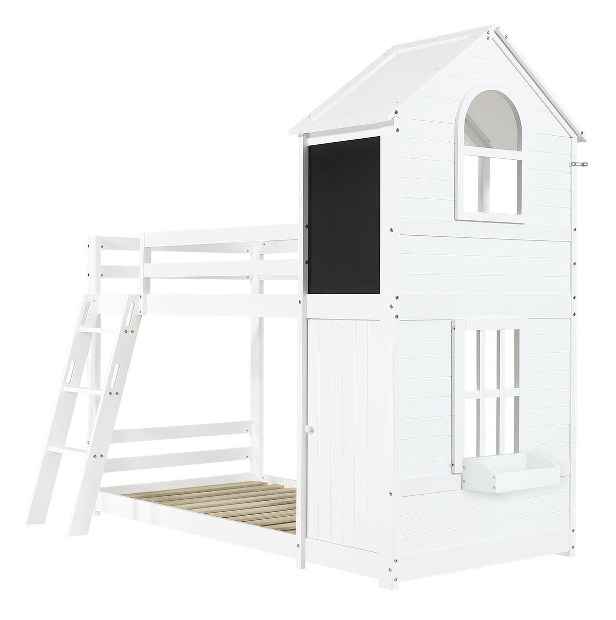 ETAGENBETT 90/200 cm mit Tafel, kleiner Tür, Dach und Schrägleiter aus Kiefernholz und MDF, Weiß - Weiß, Holzwerkstoff (90/200cm) - Redom