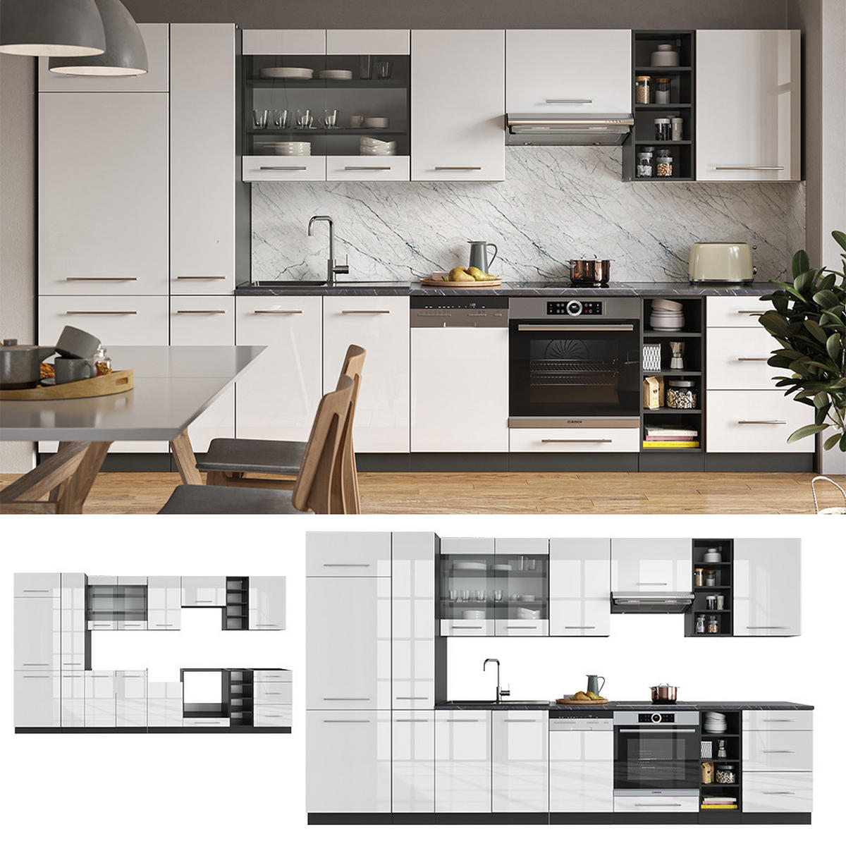 KÜCHENZEILE Fame-Line Weiß Hochglanz/Anthrazit 355 cm, AP Marmor - Weiß Hochglanz/Anthrazit, Holzwerkstoff (355/81.6/60cm) - Vicco