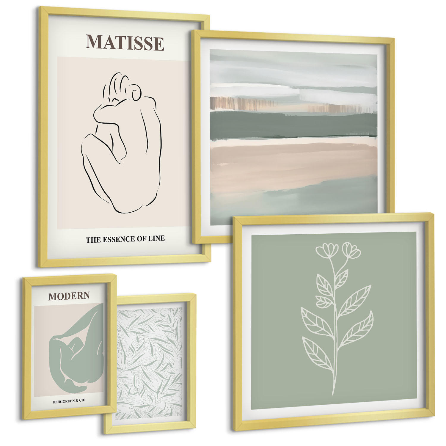 BILDER SET 5er Set - 50x50 cm & 20x30 cm & 40x60 cm Goldrahmen - Abstrakte Pflanzenformen - Goldfarben, Kunststoff (40/60cm) - TULUP