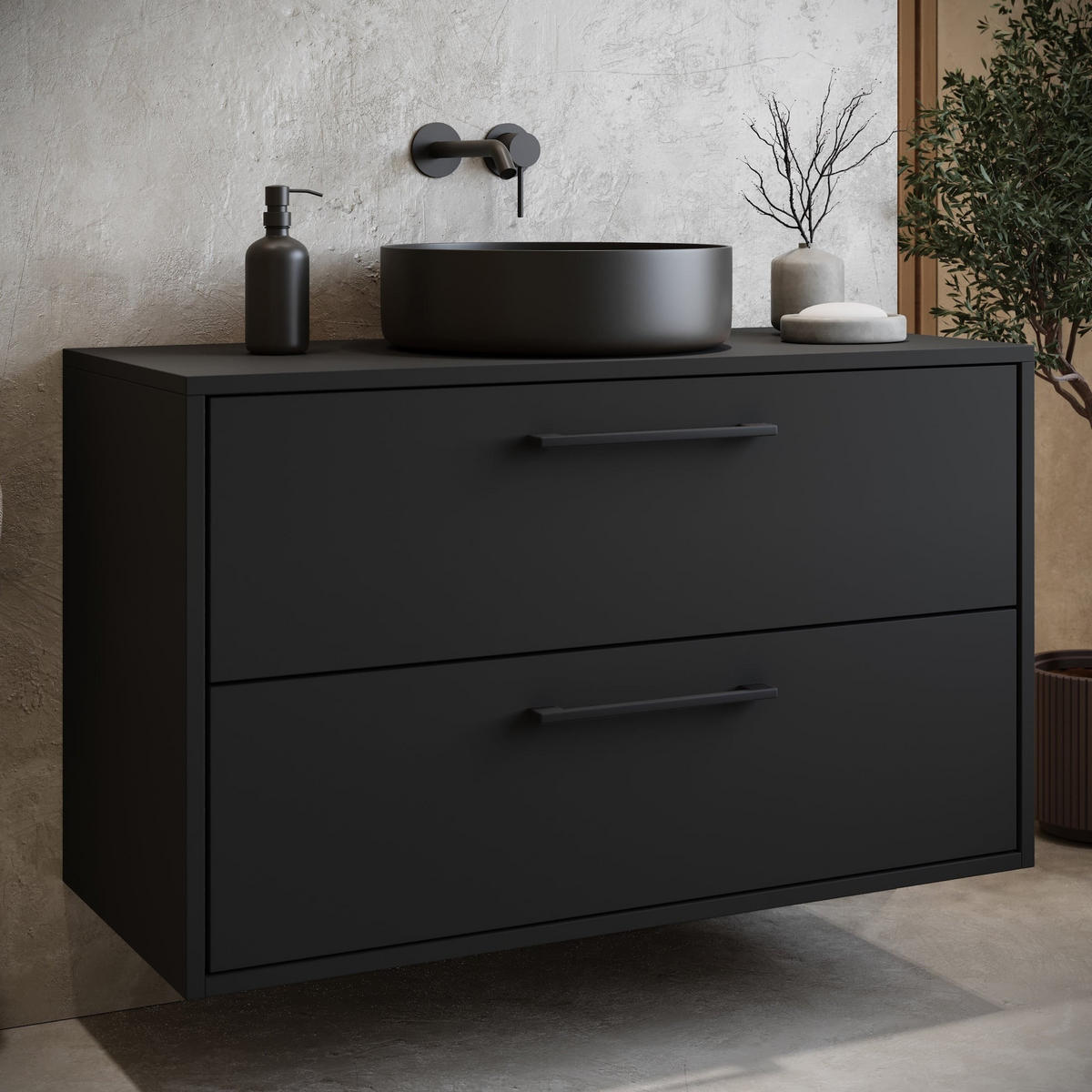 WASCHBECKENUNTERSCHRANK Florence 2 Schubladen Matt Schwarz - 80 x 46 x 46 cm - Schwarz, Holz (80/46/46cm) - Badplaats