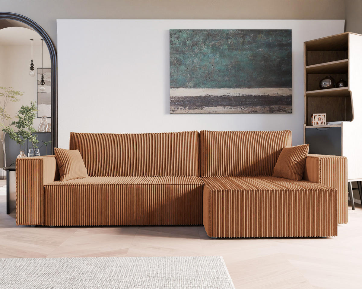 ECKSOFA mit Schlaffunktion und Bettkasten, Orange - Orange, Holzwerkstoff/Textil (145/276cm) - Idohome