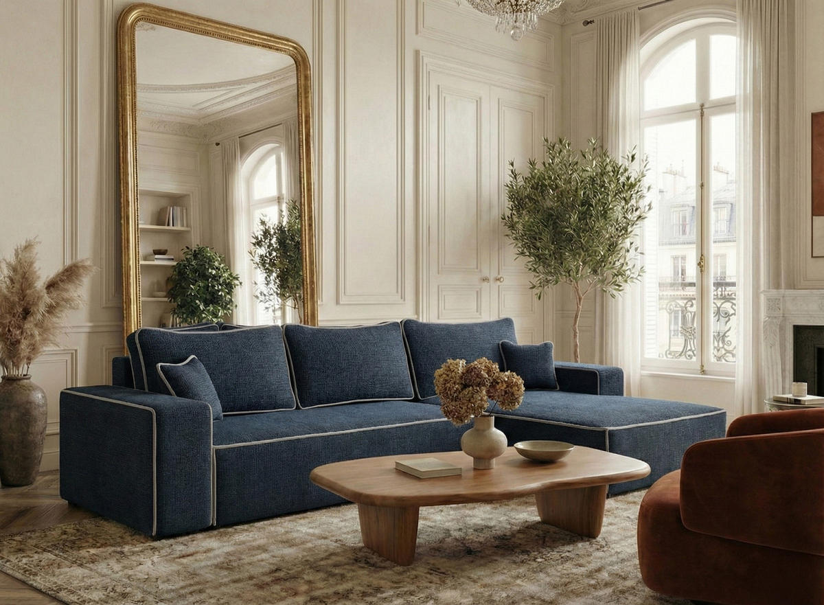 ECKSOFA MIT SCHLAFFUNKTION Modo Grau Chenille-Stoff - Rechts Seite - Schwarz/Dunkelblau, Holz/Holzwerkstoff (294/185cm) - Maison de Reve