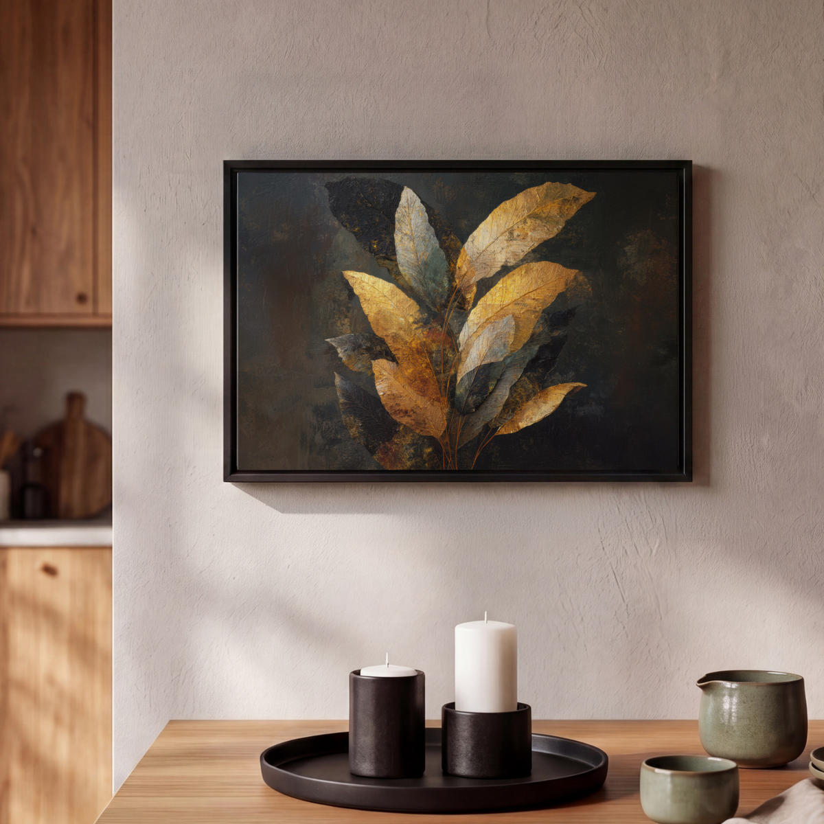 LEINWAND Bilder mit Rahmen - Golden Leaf Komposition - Botanical Luxury - 30x20 - Goldfarben, Textil (30/20cm) - MuchoWow