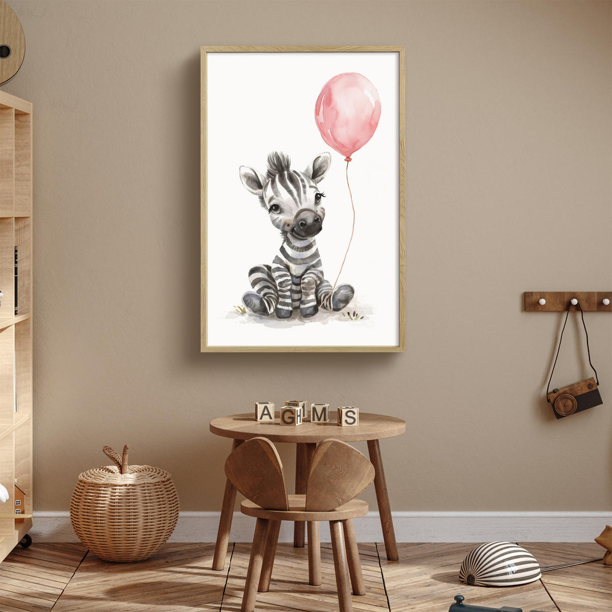 NACHTTISCHLAMPE MIT AKKU Zebra - Baby - Tiere - Rosa Luftballon 70x100 cm - Weiß, Holzwerkstoff (8/70/100cm) - OnlyWow