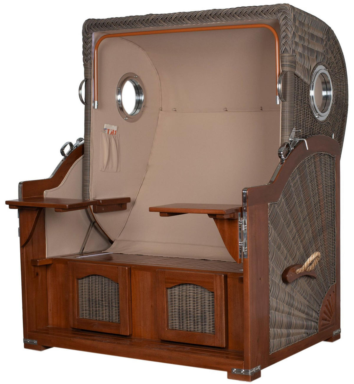 STRANDKORB Komplettset: Ammersee Mahagoni Bullauge - PE grau - Modell 584 - Beige/Rot, Holz/Kunststoff (125/165/80cm) - bene living