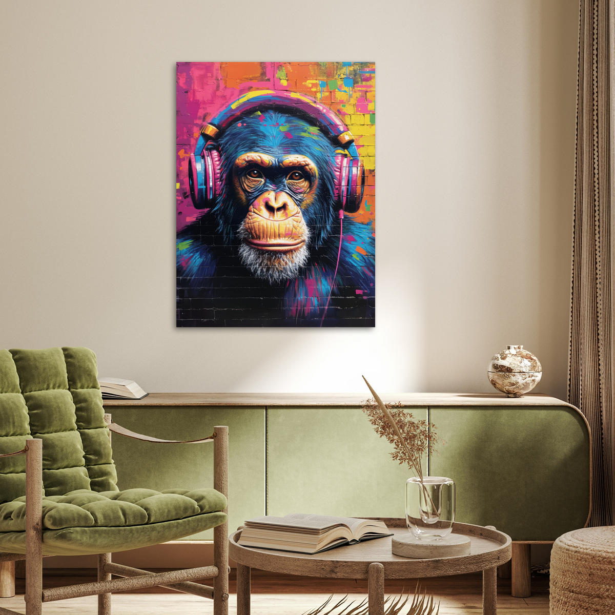 POSTER Graffiti - Schimpanse - Straßenkunst - Kopfhörer - Affe 60x80 cm - Blau, Papier (60/80/0.1cm) - MuchoWow