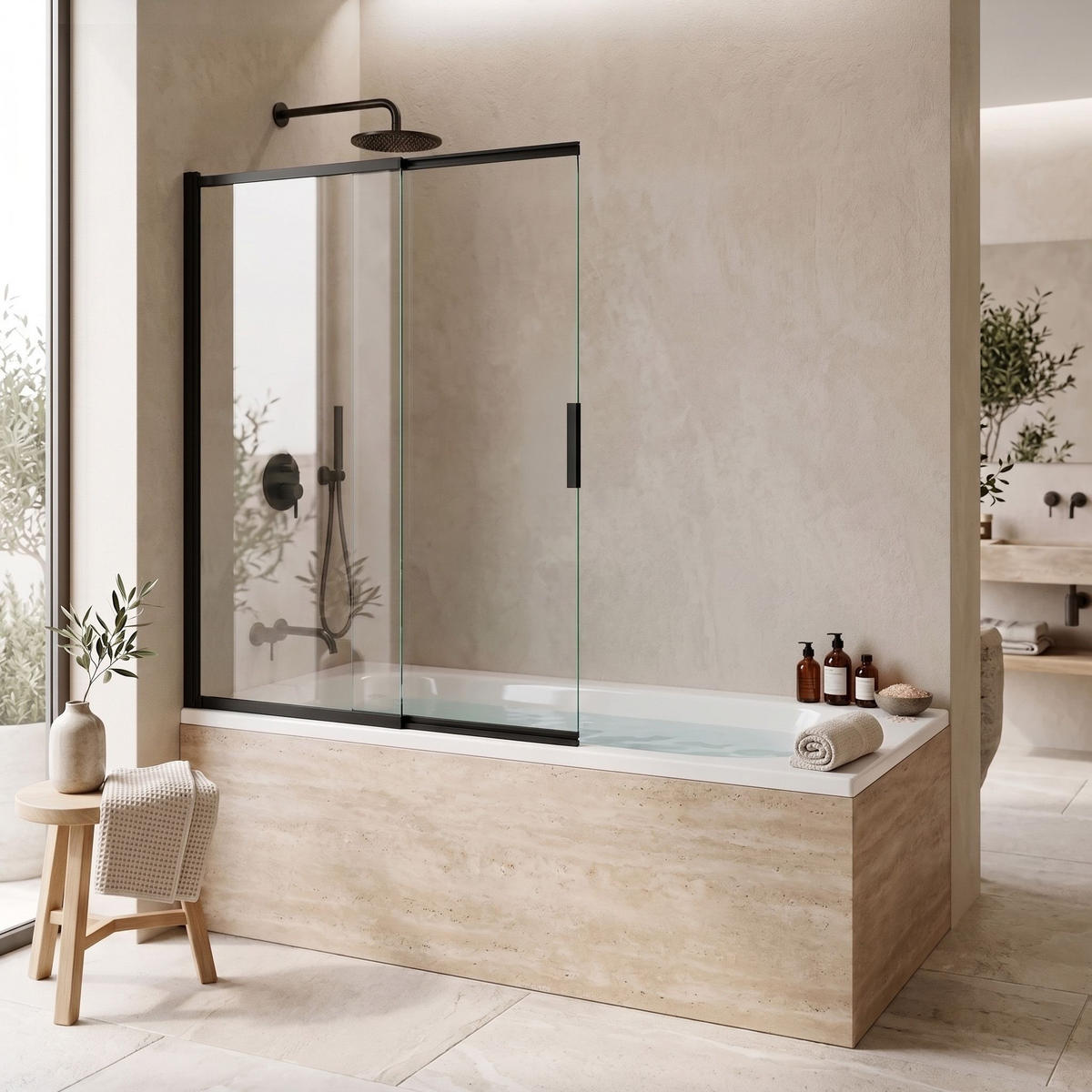 BADEWANNEN-DUSCHWAND Schiebetür Rea Dario Black 80 - Schwarz, Glas (80/140cm) - REA