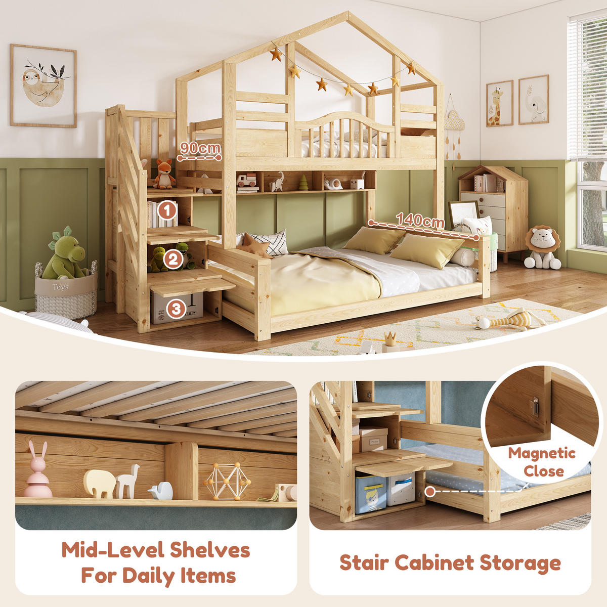 ETAGENBETT Hausbett Natur 90/140x200 cm 2-tlg. - Naturfarben, Holz (90/200cm) - ComfortXL