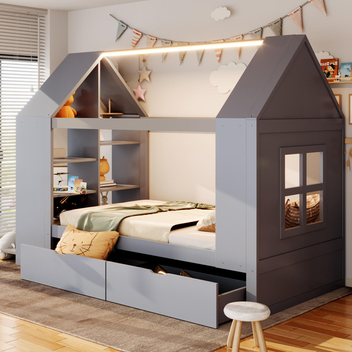 KINDERBETT 90x200 Hausdesign LED Schubladen Grau - Grau, Holz (90/200cm) - FLIEKS