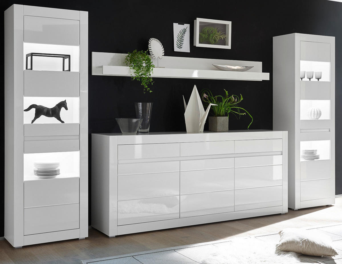 WOHNWAND weiß Hochglanz, Stone Design grau 4-teilig, Anbauwand mit Soft-Close - Weiß Hochglanz/Weiß, Glas/Holzwerkstoff (369/198/42cm) - Furn.Design