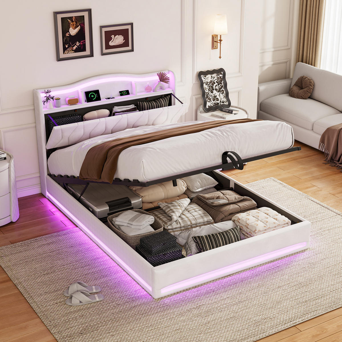 ČALÚNENÁ posteľ 140/200 cm béžová s úložným priestorom, LED a USB - krémová, drevo - SHOPENTRA