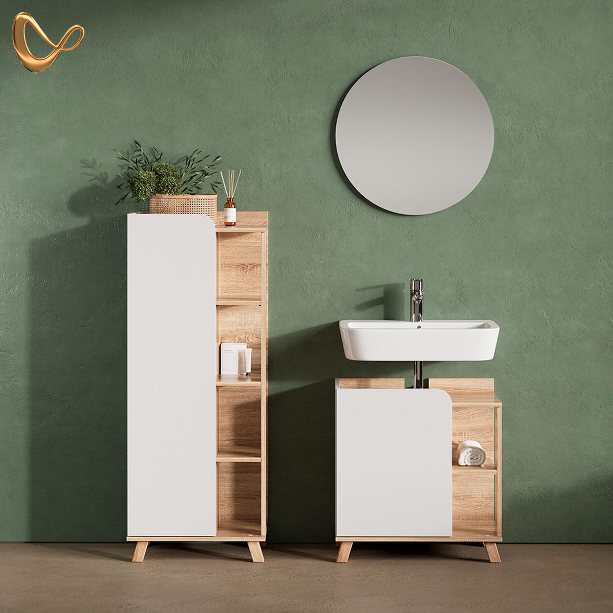 BADMÖBEL-SET Marano Sonoma/Weiß 3 Teile - Weiß/Sonoma Eiche, Holzwerkstoff (60/65/35cm) - Livinity®