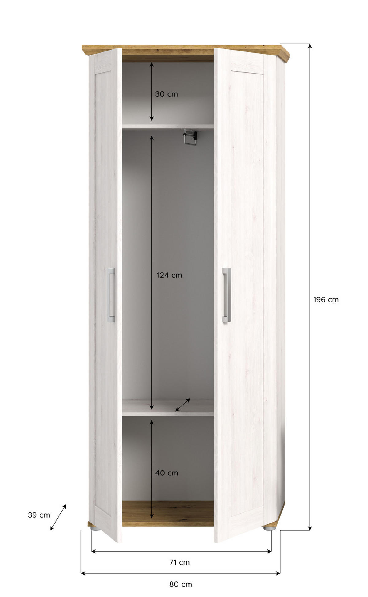 GARDEROBENSCHRANK weiß Lärche 80 cm, Flurschrank im Landhaus-Stil - Silberfarben/Weiß, Holzwerkstoff/Kunststoff (80/196/39cm) - Inn.Furn
