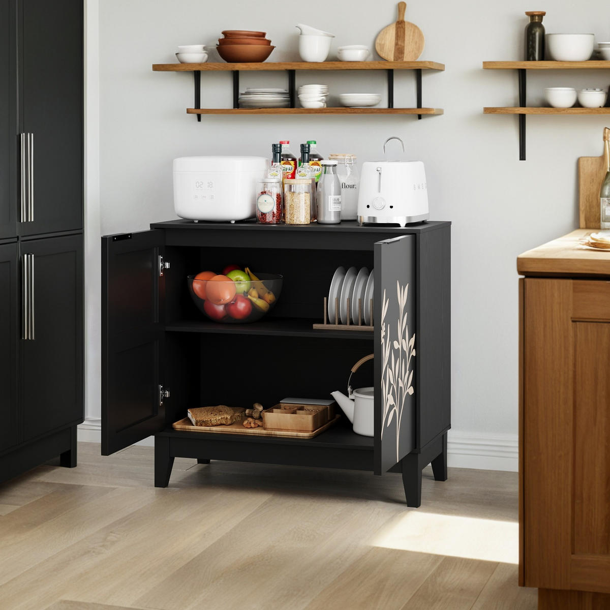 SIDEBOARD 80/38/76 cm schwarz aus MDF mit verstellbarem Einlegeboden - Schwarz, Holzwerkstoff (80/76/38cm) - OKWISH