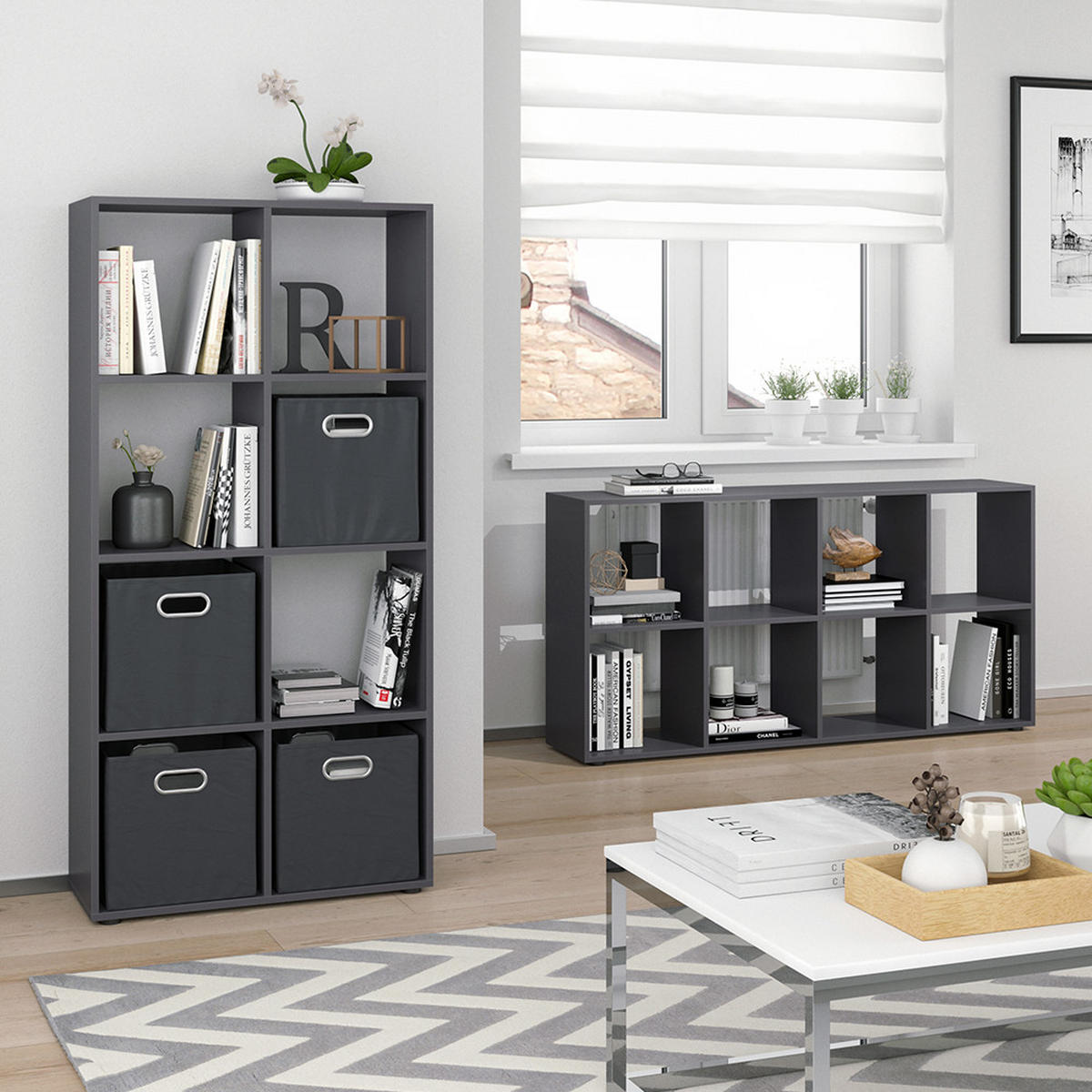 RAUMTEILER Scutum Grau 143 x 72 cm mit 4 Faltboxen - Grau, Holzwerkstoff (143/72/29cm) - Vicco