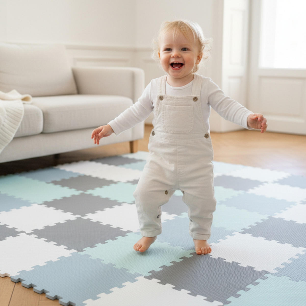 SPIELMATTE ab Null - 270/90/1 cm Puzzlematte Mint + Grau/Weiß/Graublau - Multicolor, Kunststoff (30/30cm) - Littletom