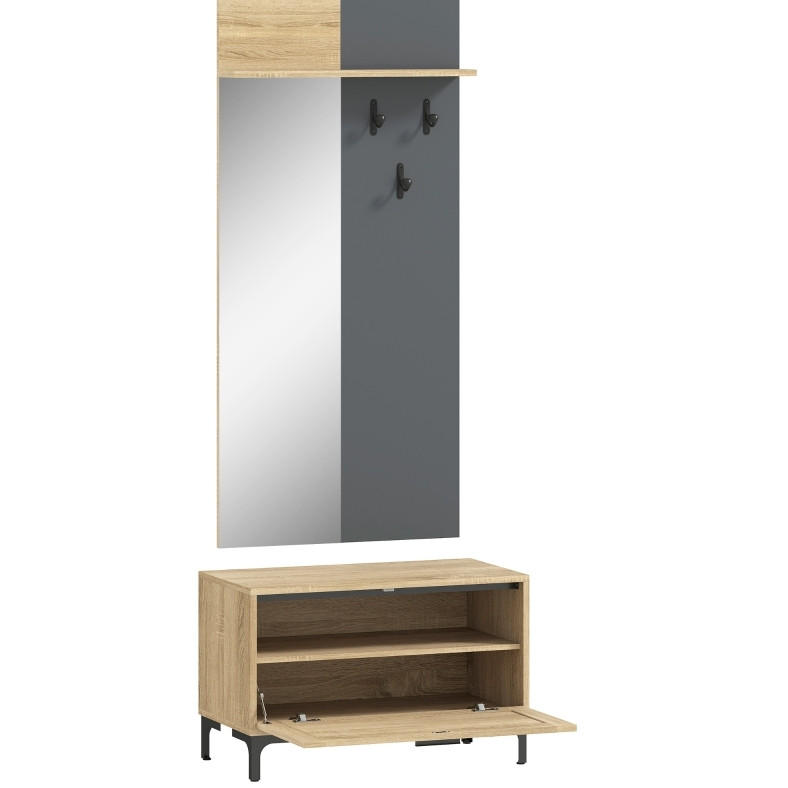 Redom PŘEDSÍŇOVÁ sestava 60/13,5/127,5 a 68/35/43 cm s botníkem, zrcadlem a 3 háčky z MDF, Přírodní dřevo