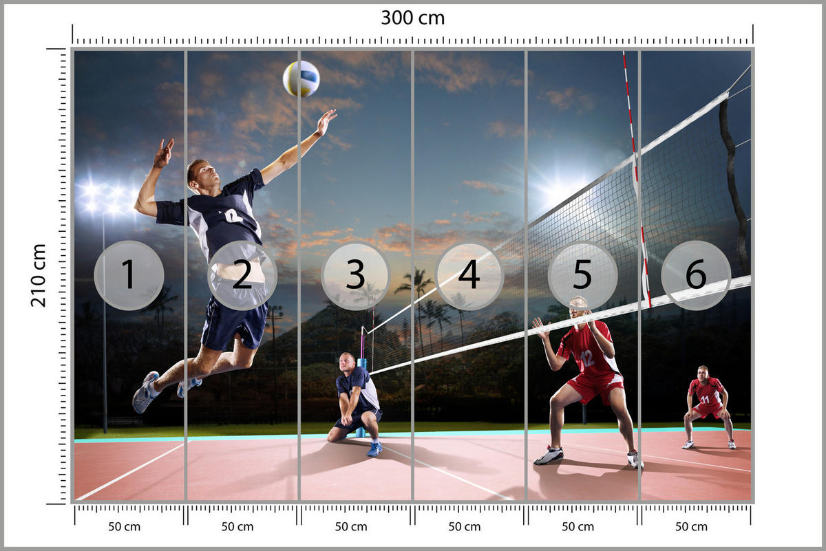 FOTOTAPETE für Jugendzimmer Volleyball Strand Tropen Match Spieler Palmen 300x210 - Rot/Schwarz, Papier (300/210cm) - Muralo