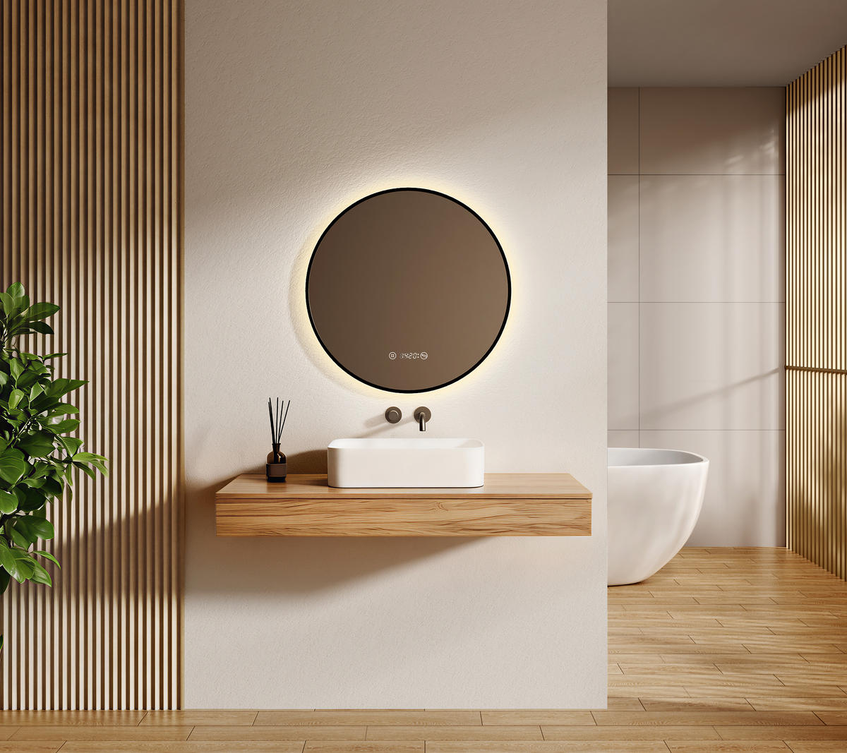 BADSPIEGEL mit LED-Beleuchtung Anti-Beschlag Zeitanzeige Schwarz Ø 60 cm - Schwarz, Glas (60/60/3cm) - EMKE