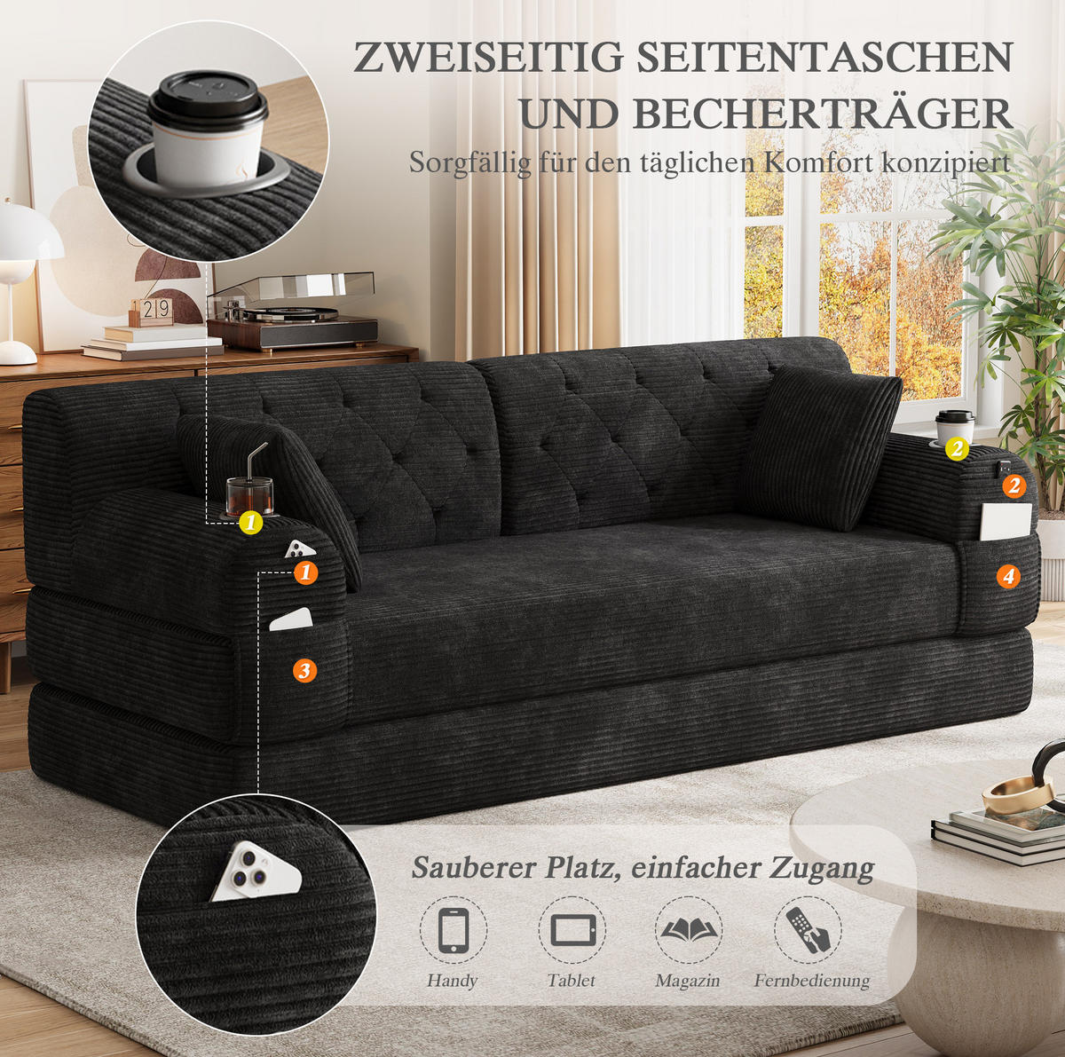 SCHLAFSOFA mit Schlaffunktion 208 x 80 cm Cord Schwarz - Schwarz, Textil (208/81/80cm) - IVMEU