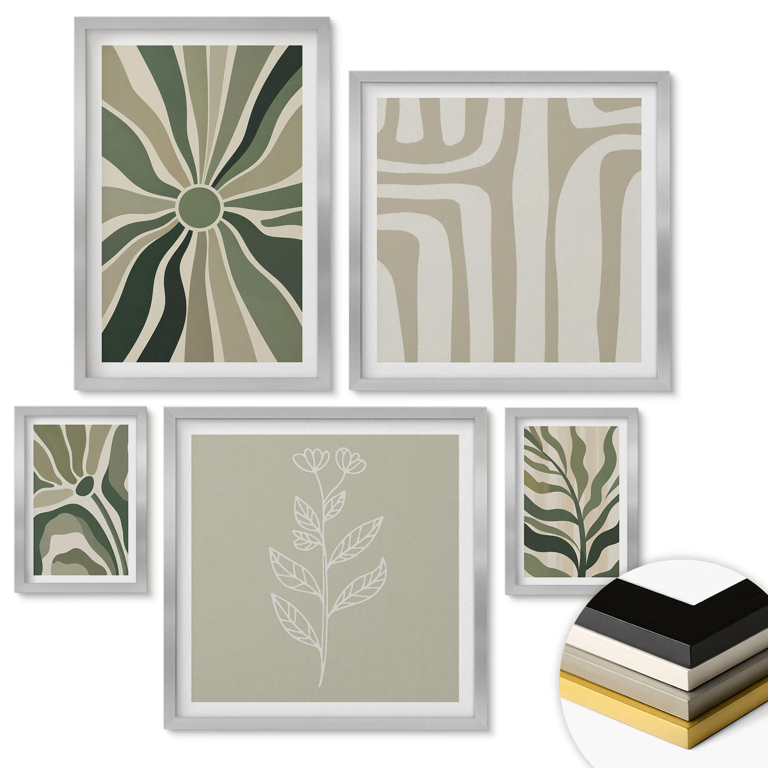 WANDBILDER 5er Set - 50x50 cm & 20x30 cm & 40x60 cm Silberner Rahmen - Pflanzenmuster grüner Minimalismus - Silberfarben, Kunststoff (40/60cm) - ArtPrintCave