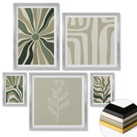 WANDBILDER 5er Set - 50x50 cm & 20x30 cm & 40x60 cm Silberner Rahmen - Pflanzenmuster grüner Minimalismus - Silberfarben, Kunststoff (40/60cm) - ArtPrintCave